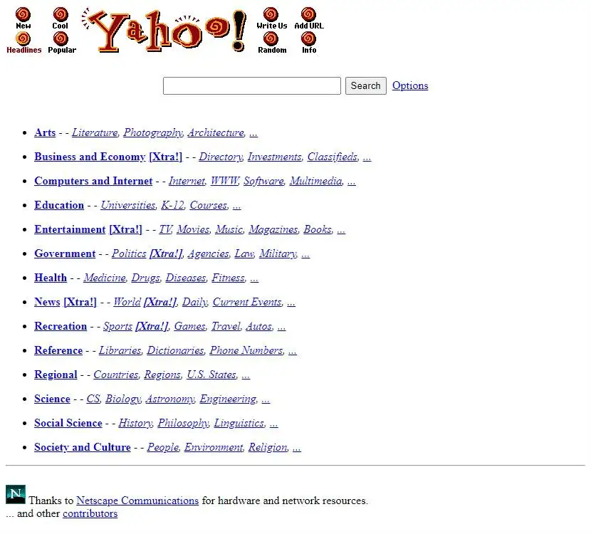 Screenshot of Yahoo Homepage in 1995