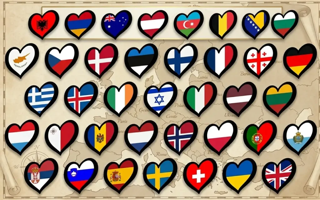 Eurovision Song Contest heart-shaped country flags arranged on a vintage map of Europe with the text "Before TikTok there was Eurovision"