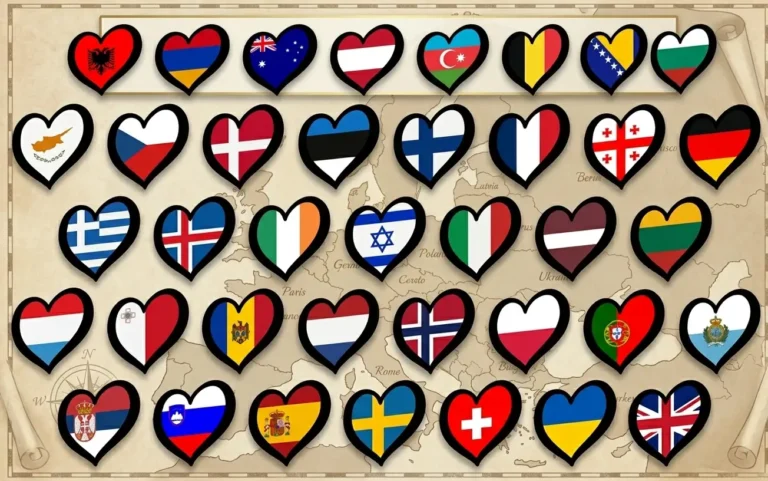 Eurovision Song Contest heart-shaped country flags arranged on a vintage map of Europe with the text "Before TikTok there was Eurovision"