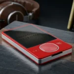 A detailed, close-up photograph of a red and silver Zune portable media player, featuring its large circular touch wheel, resting on a multi-textured surface of dark slate and wood. The dark screen has a subtle, engraved-style display of musical notation over intricate circuit board traces. In the softly blurred background, a pair of premium brown leather over-ear headphones and a shelf of books are visible, creating an audio-focused, nostalgic scene.