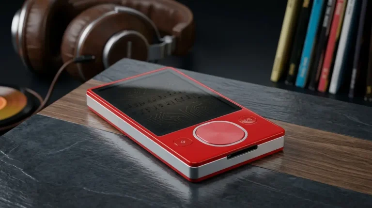 A detailed, close-up photograph of a red and silver Zune portable media player, featuring its large circular touch wheel, resting on a multi-textured surface of dark slate and wood. The dark screen has a subtle, engraved-style display of musical notation over intricate circuit board traces. In the softly blurred background, a pair of premium brown leather over-ear headphones and a shelf of books are visible, creating an audio-focused, nostalgic scene.