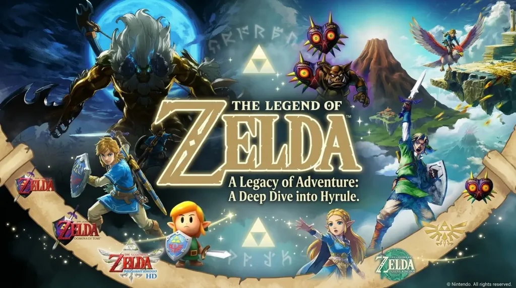 A dynamic collage illustrating many of the primary entries in The Legend of Zelda franchise, including characters and logos from Ocarina of Time, Majora's Mask, Skyward Sword, Breath of the Wild, Link's Awakening, and Tears of the Kingdom. It depicts multiple versions of Link and Zelda.