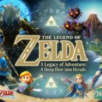 A dynamic collage illustrating many of the primary entries in The Legend of Zelda franchise, including characters and logos from Ocarina of Time, Majora's Mask, Skyward Sword, Breath of the Wild, Link's Awakening, and Tears of the Kingdom. It depicts multiple versions of Link and Zelda.