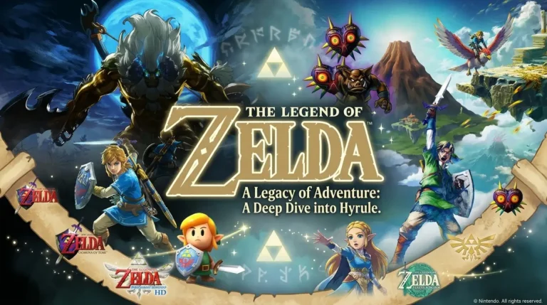 A dynamic collage illustrating many of the primary entries in The Legend of Zelda franchise, including characters and logos from Ocarina of Time, Majora's Mask, Skyward Sword, Breath of the Wild, Link's Awakening, and Tears of the Kingdom. It depicts multiple versions of Link and Zelda.