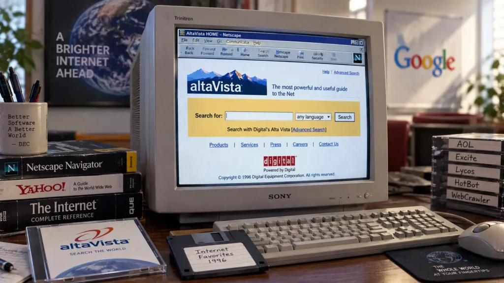 AltaVista search engine on a 1990s computer