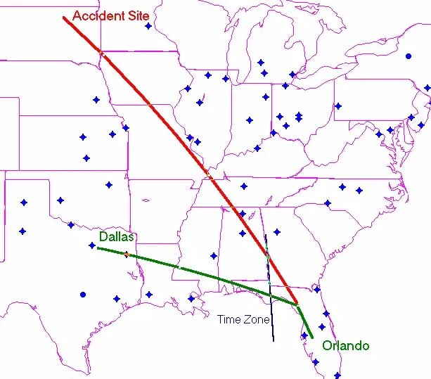 Map showing Learjet N47BA’s planned route in green and actual “ghost flight” path in red during the 1999 Payne Stewart crash over the USA.